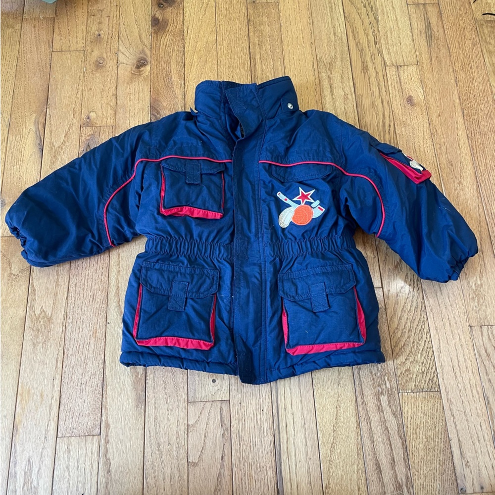 VINTAGE CASUAL TIME KIDS BLUE RED SPORTS APPLIQUE PUFFER JACKET SIZE 3T